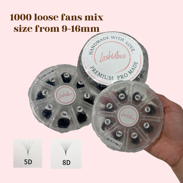 Loose premade fans mix sizes box