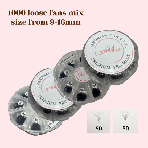Loose premade fans mix sizes box