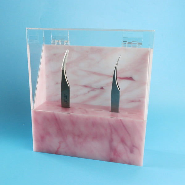 Pink marble print acrylic tweezer holder